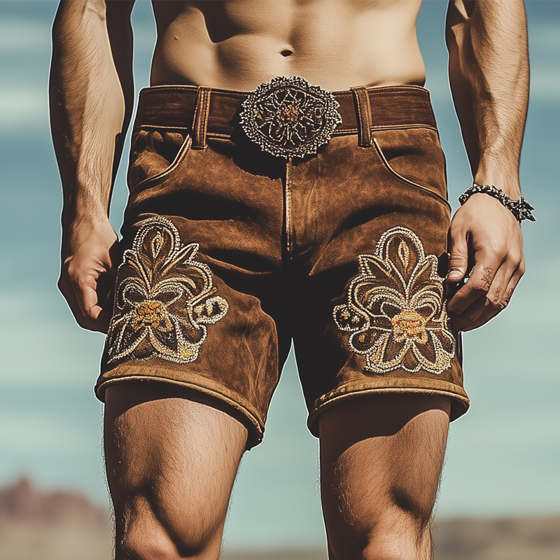 Men's Summer Fashion Retro Western Style Suede Embroidered Shorts (Without Belt)