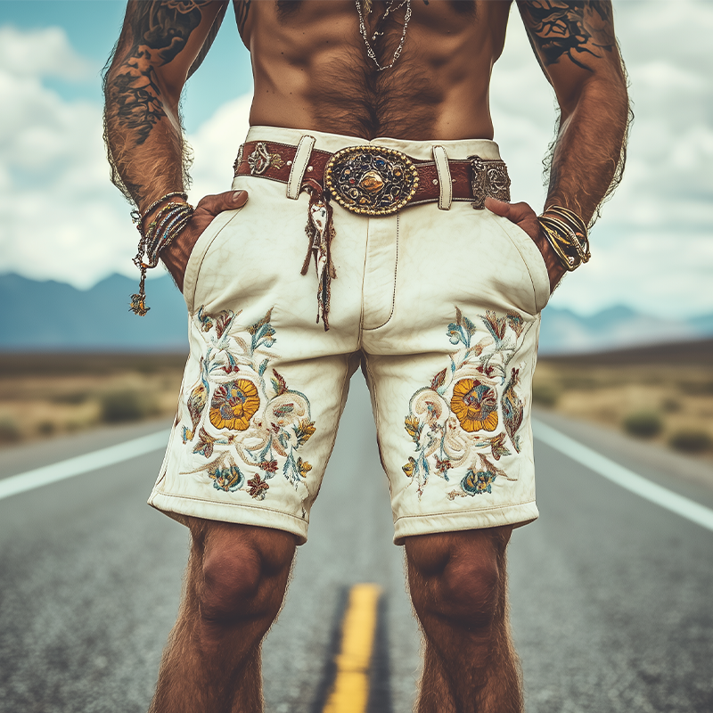 Men's Spring and Summer Fashion Retro Western Style Suede Exquisite Embroidery Shorts (Without Belt)