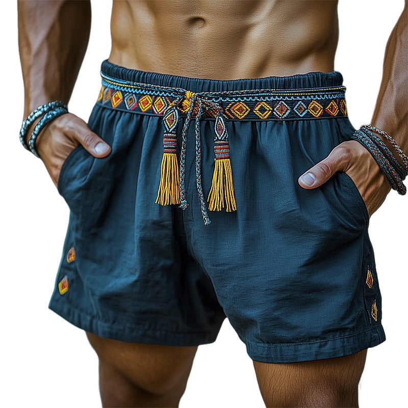 Men's Summer Ethnic Style Embroidered Lace-Up Shorts