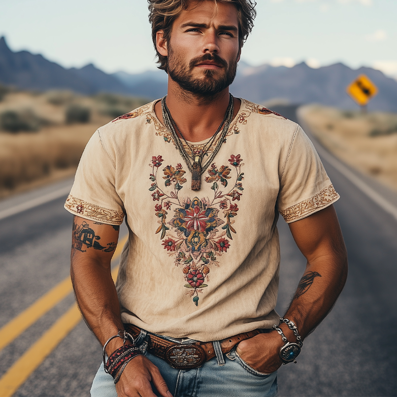 Men's Spring and Summer Classic Retro Western Style Suede Embroidered Short Sleeve T-Shirt