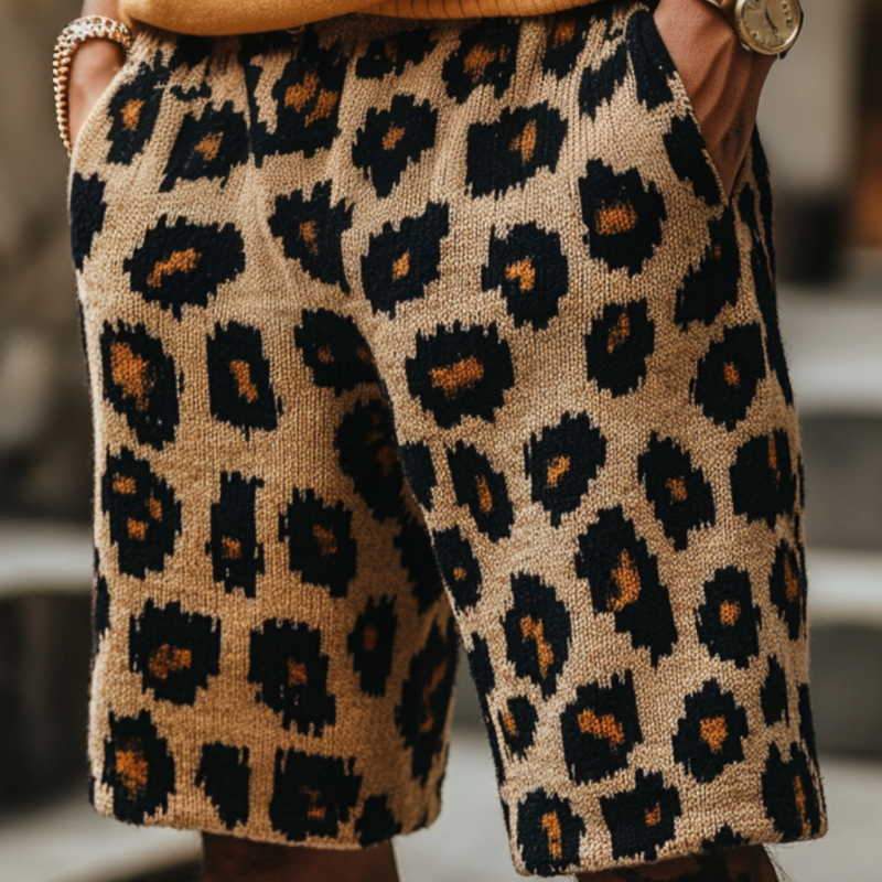 Men's Retro Casual Leopard Jacquard Knit Elastic Waist Shorts ASW1212D2M