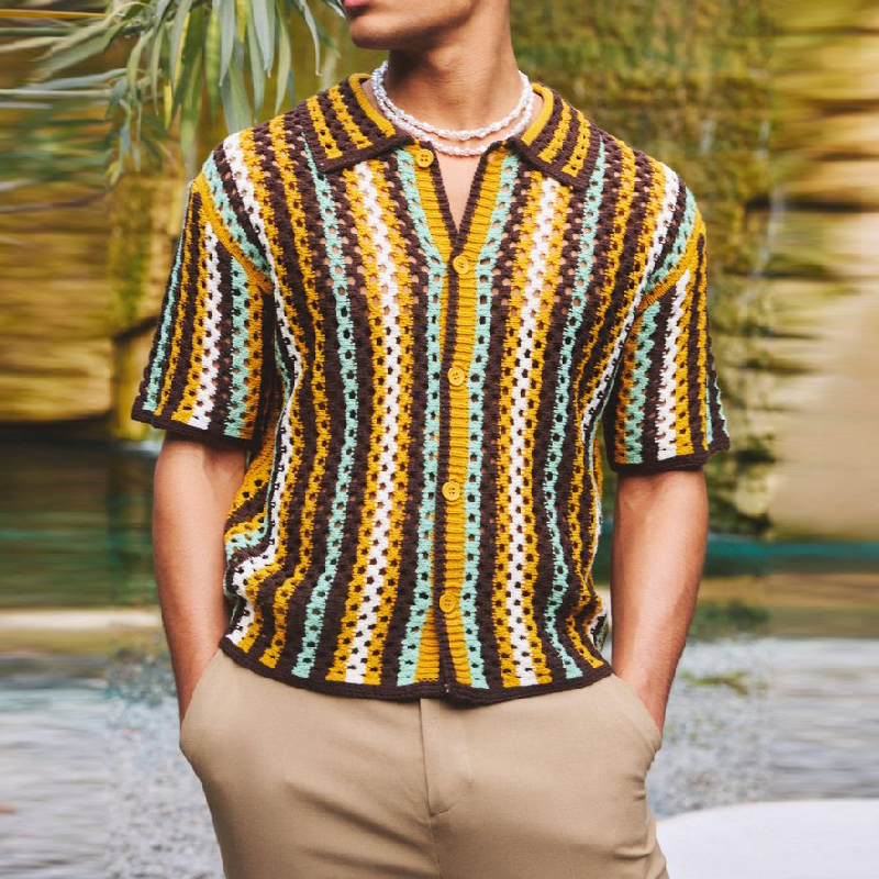 Men's Casual Contrast Color Striped Jacquard Lapel Short Sleeve Knitted Cardigan ASW0964D6M