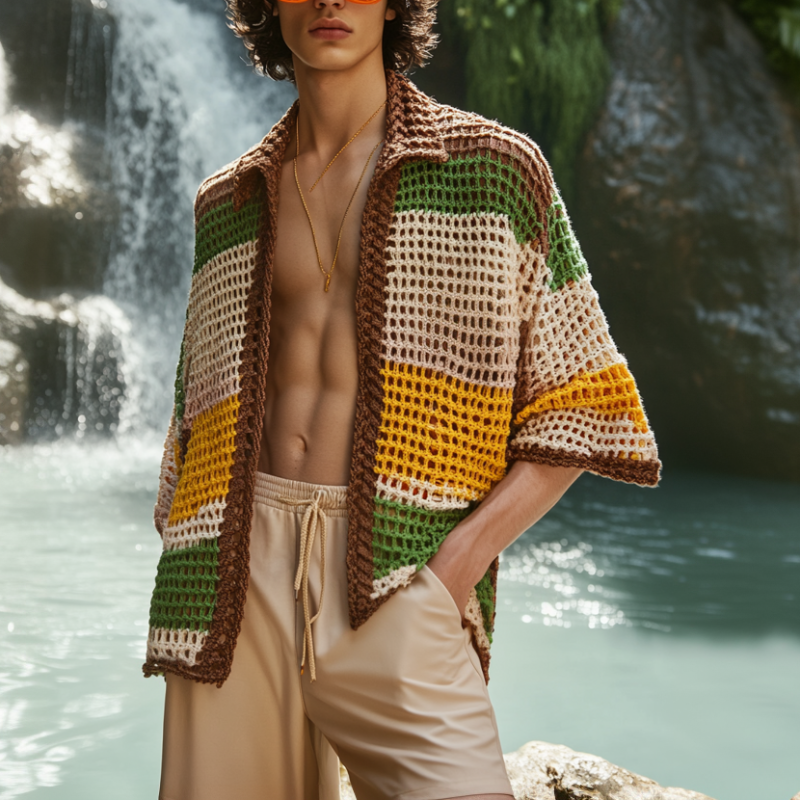Men's Casual Contrast Color Knitted Loose Collar Short Sleeve Cardigan ASW0980D5M