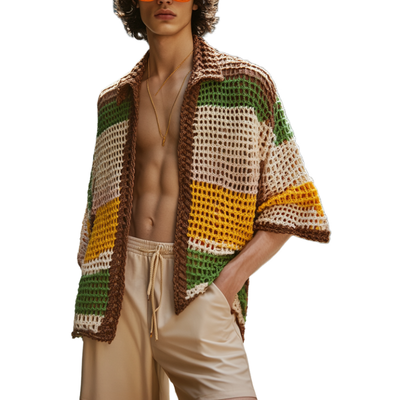 Men's Casual Contrast Color Knitted Loose Collar Short Sleeve Cardigan ASW0980D5M
