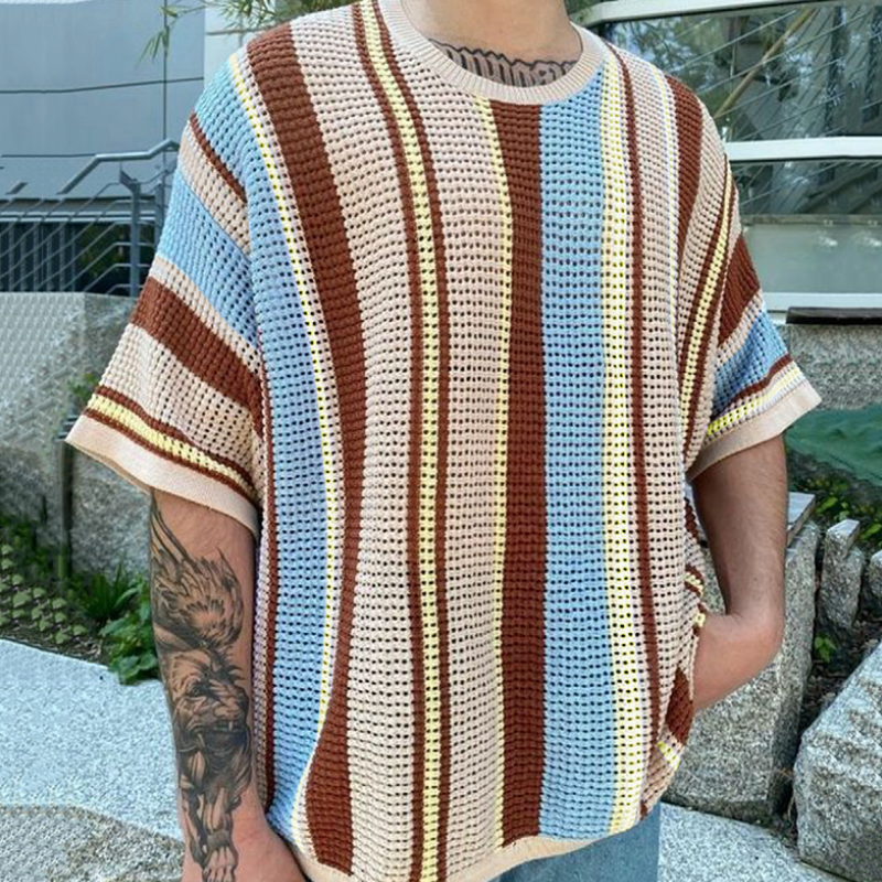 Men's Casual Contrast Color Striped Knit Loose Collar Short Sleeve Sweater T-Shirt ASW1066D4M