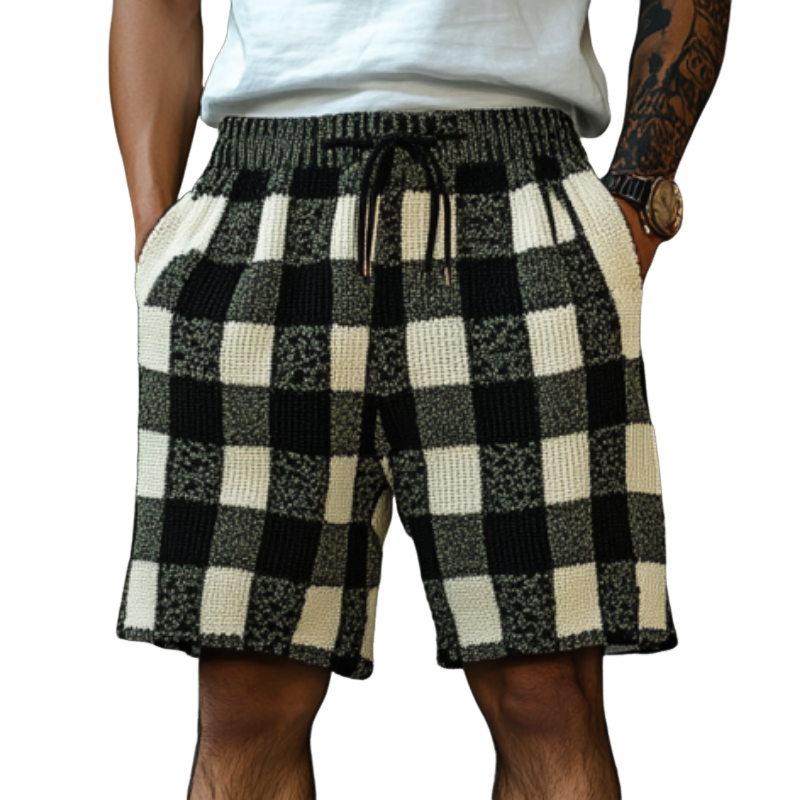 Men's Casual Contrast Checkerboard Jacquard Knit Elastic Waist Shorts ASW1205D6M