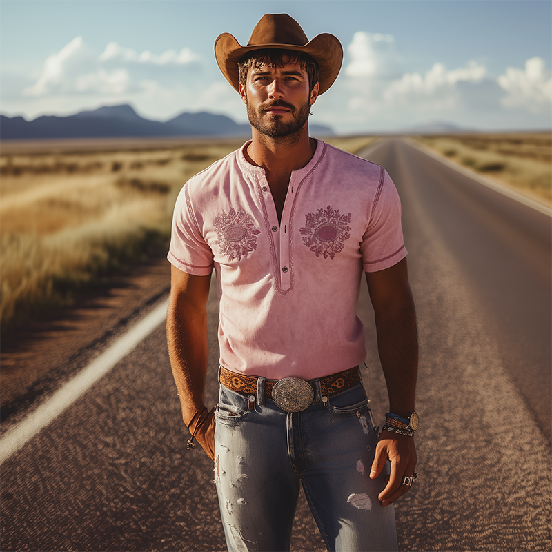 Men's Spring/Summer Fashion Retro Western Style Suede Henley Collar Short Sleeve T-Shirt
