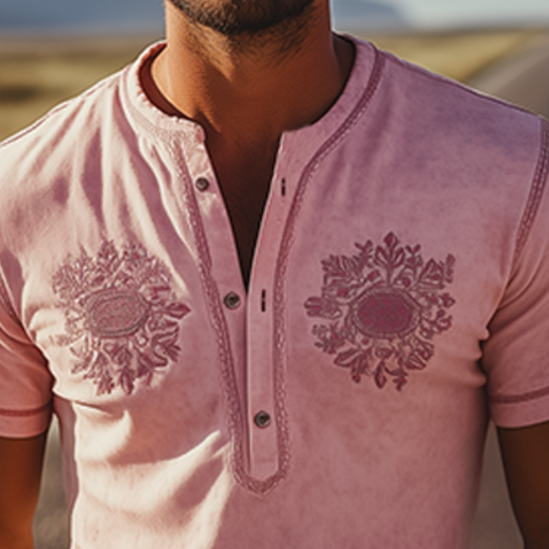 T-shirt à manches courtes et col Henley en daim style rétro western pour homme, mode printemps/été