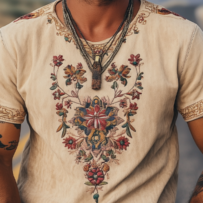 Men's Spring and Summer Classic Retro Western Style Suede Embroidered Short Sleeve T-Shirt