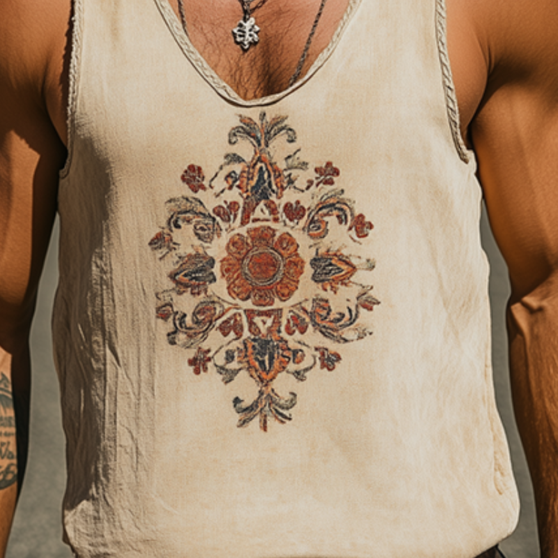 Men's Spring/Summer Classic Retro Western Style Ramie Embroidered Tank Top