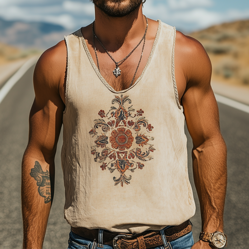 Men's Spring/Summer Classic Retro Western Style Ramie Embroidered Tank Top