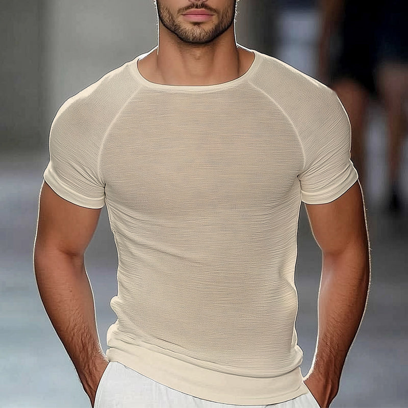 Men's Summer Basic Knitted Solid Color Short Sleeve T-Shirt ASW1297D0U