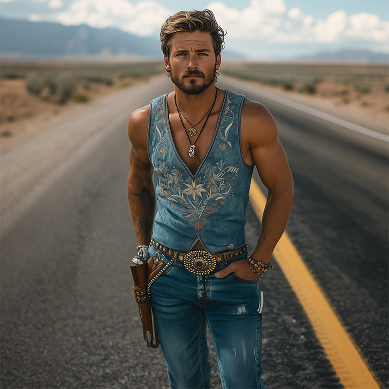 Men's Spring/Summer Classic Retro Western Style Suede Deep V Neck Embroidered Tank Top