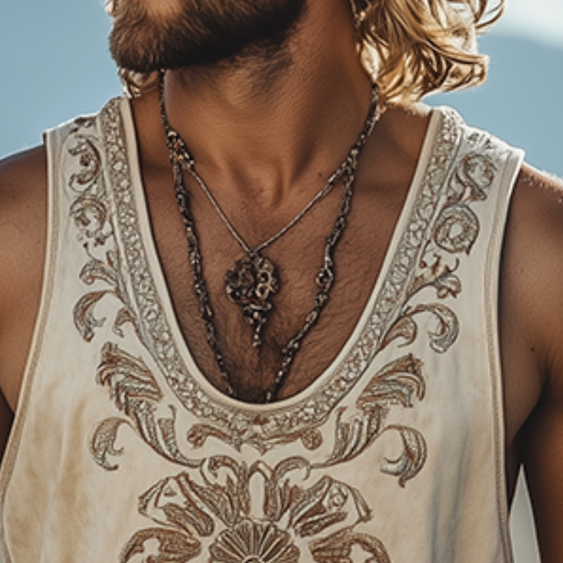 Débardeur brodé en daim style rétro western classique printemps/été pour homme