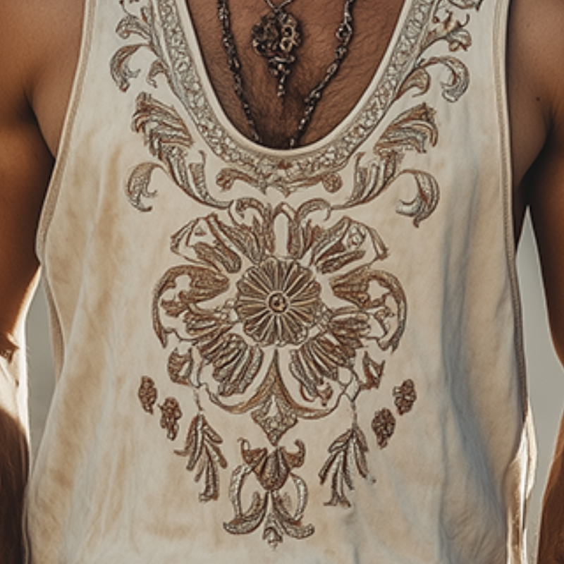 Débardeur brodé en daim style rétro western classique printemps/été pour homme
