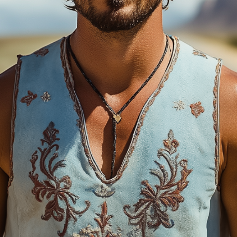 Men's Spring/Summer Classic Retro Western Style Deep V-Neck Suede Embroidered Tank Top