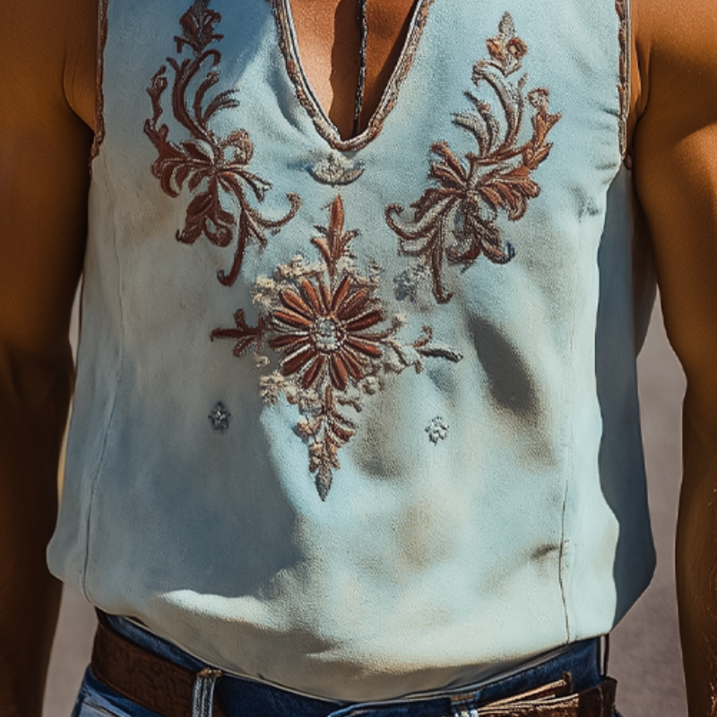 Men's Spring/Summer Classic Retro Western Style Deep V-Neck Suede Embroidered Tank Top