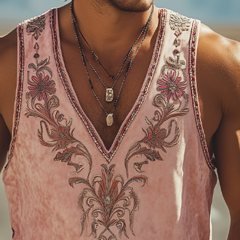 Men's Spring and Summer Fashion Classic Retro Western Style Deep V Neck Suede Embroidered Tank Top