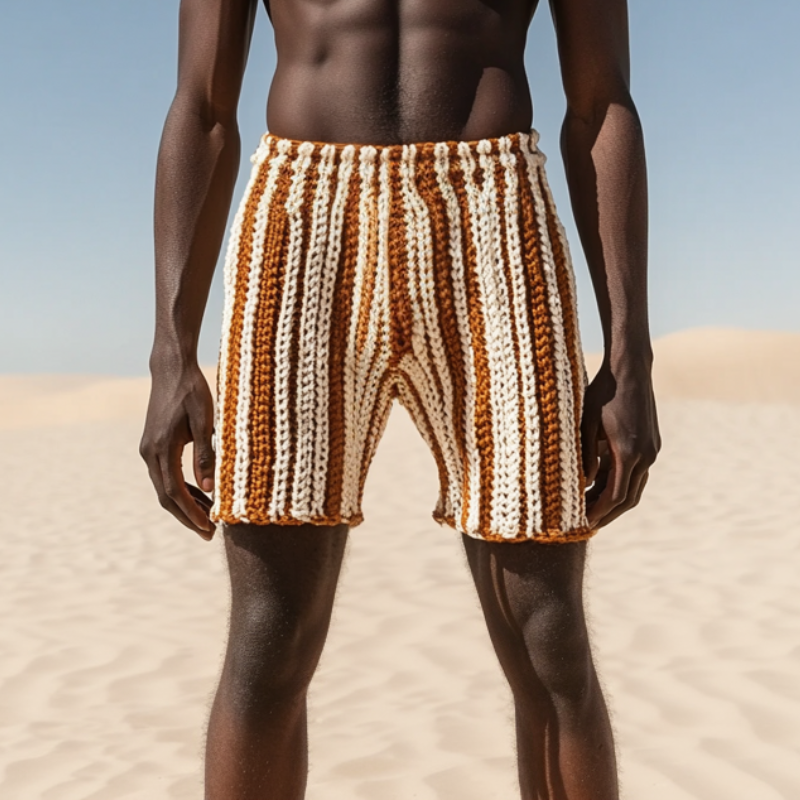 Men's Casual Contrast Color Striped Knitted Elastic Waist Shorts ASW1453D6M