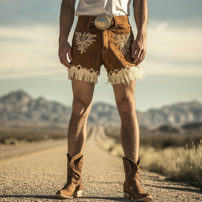 Men's Spring and Summer Fashion Retro Western Style Suede Embroidered Tassel Shorts (Without Belt)