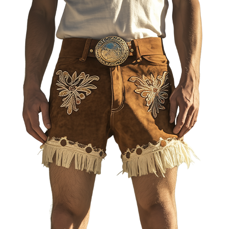 Short homme style rétro western en daim brodé à pompons (sans ceinture)
