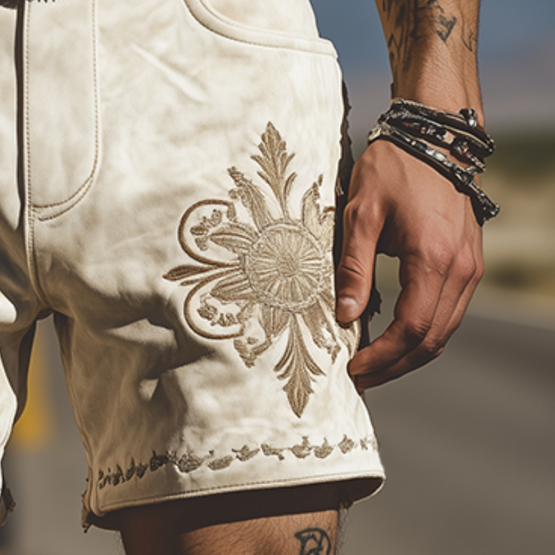 Men's Spring/Summer Fashion Retro Western Style Suede Embroidered Shorts (Without Belt)