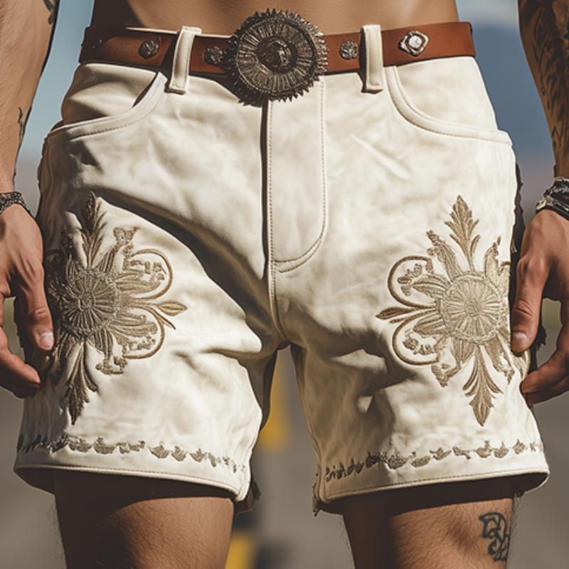 Men's Spring/Summer Fashion Retro Western Style Suede Embroidered Shorts (Without Belt)