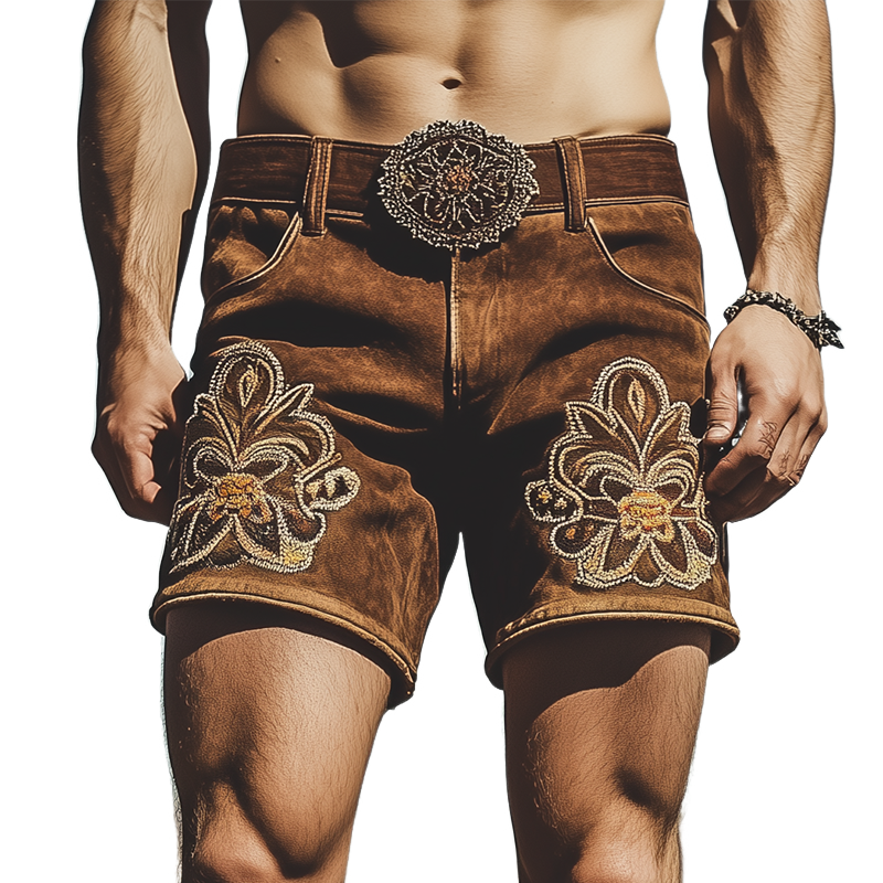 Men's Summer Fashion Retro Western Style Suede Embroidered Shorts (Without Belt)