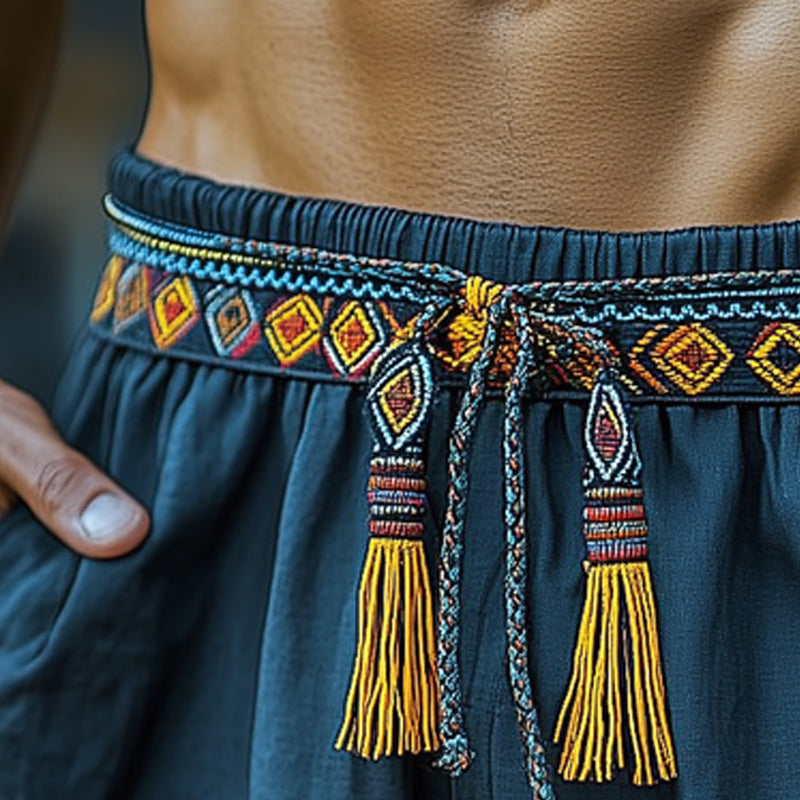 Men's Summer Ethnic Style Embroidered Lace-Up Shorts