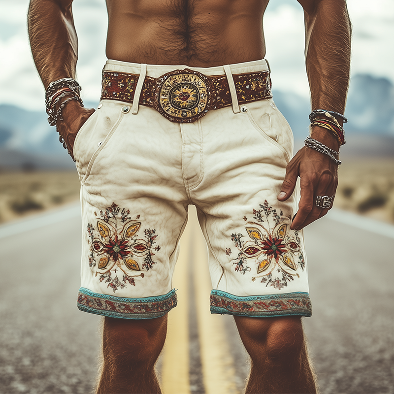 Men's Spring and Summer Fashion Retro Thin Suede Embroidered Shorts (Without Belt)