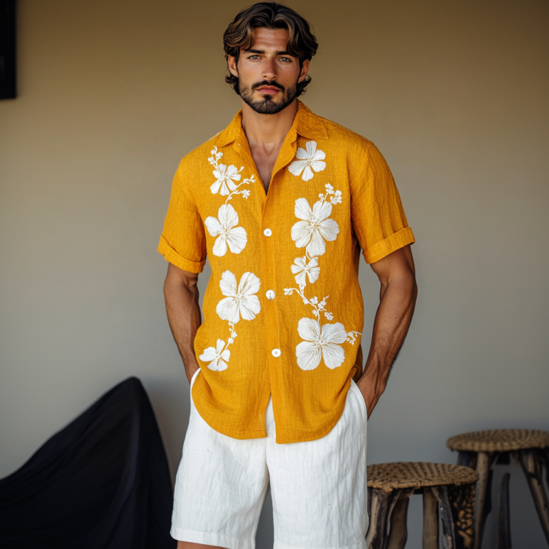 Men's Casual Flower Embroidery Cotton Linen Lapel Loose Short Sleeve Shirt