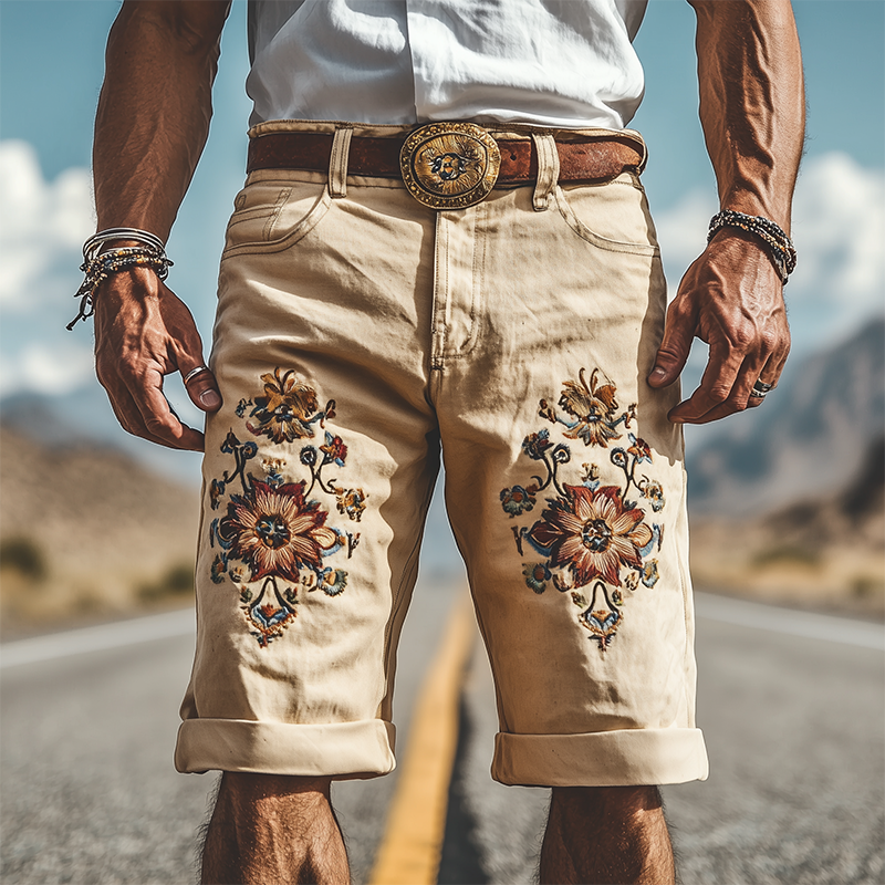 Men's Spring Summer Fashion Vintage Twill Cotton Embroidery Length to Knee Shorts (Without Belt)