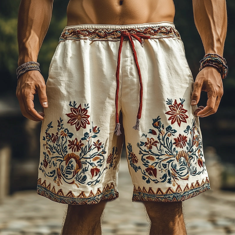 Men's Summer Retro Embroidery Loose Cotton and Linen Shorts