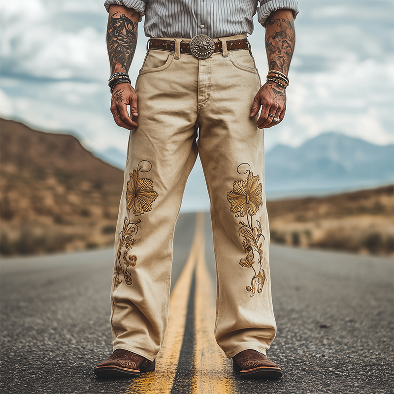 Men's Spring and Summer Fashion Personality Retro Western Style Twill Cotton Embroidery Casual Pants (Without Belt)