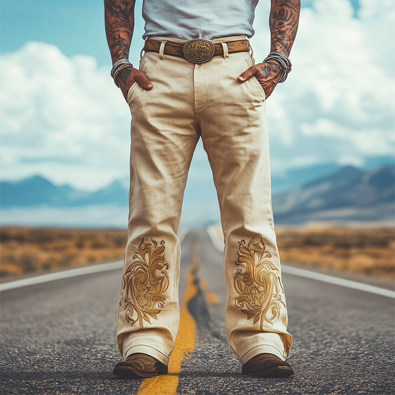 Men's Spring and Summer Fashion Retro Western Style Twill Cotton Embroidered Casual Pants (Belt Not Included)
