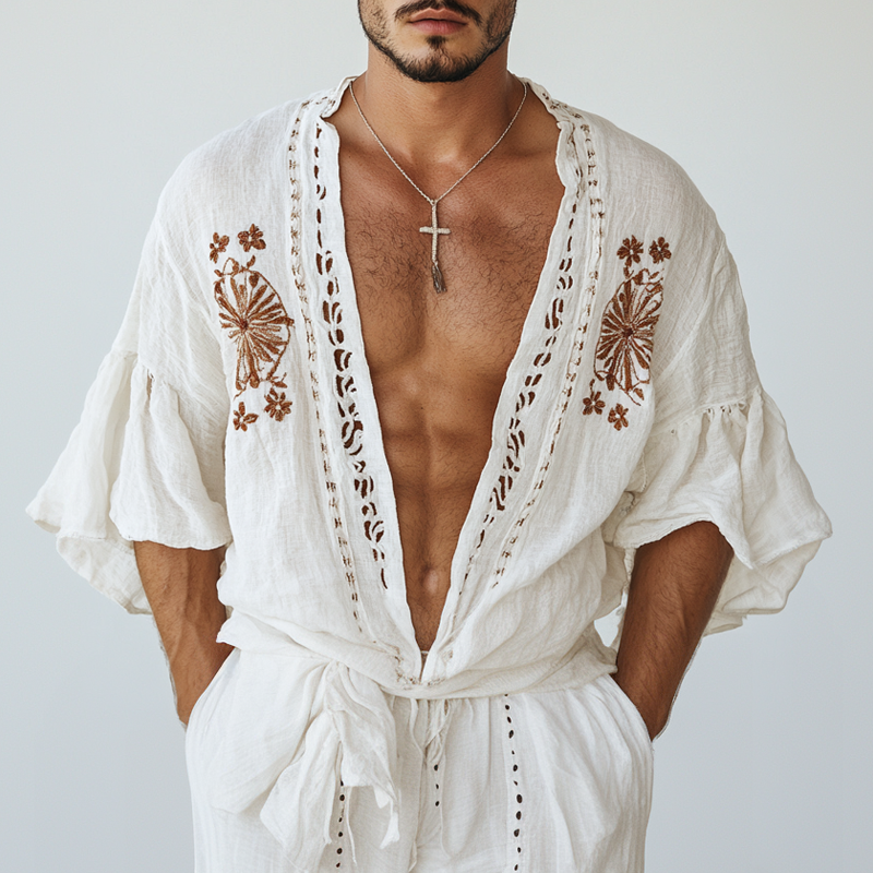 Men's Ethnic Style Embroidered Half Sleeve Cotton And Linen Cardigan Shirt