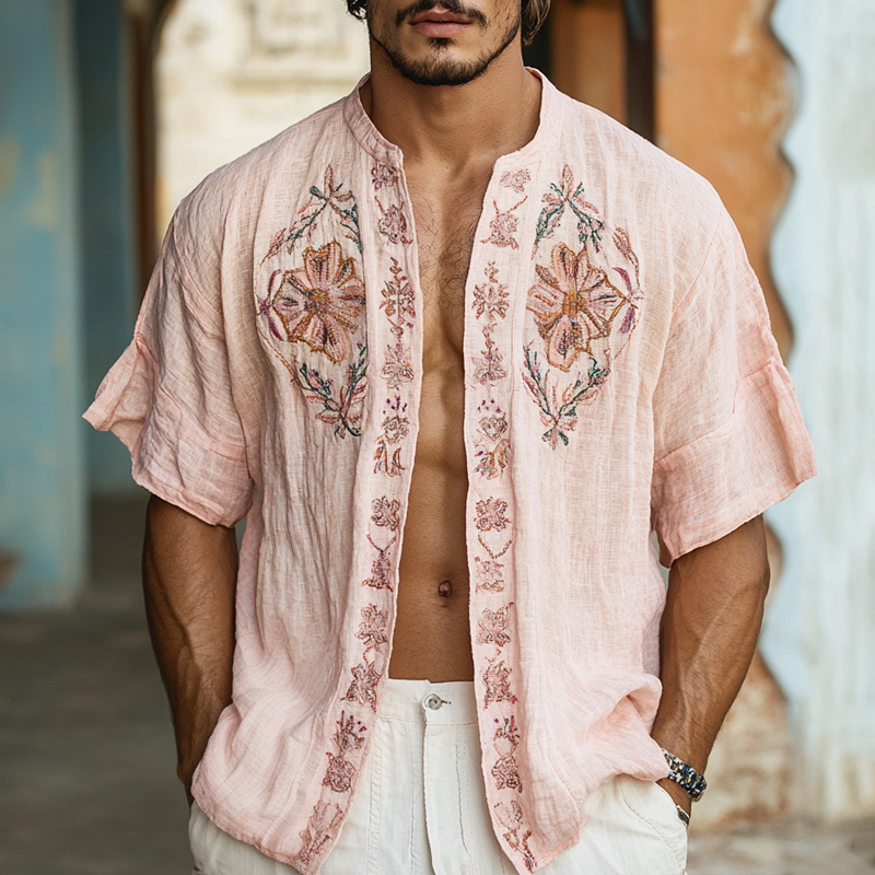 Men's Ethnic Style Embroidered Round Neck Short Sleeve Cotton And Linen Cardigan Shirt