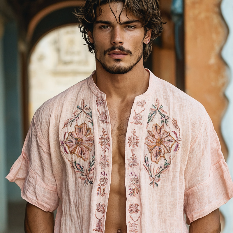 Men's Ethnic Style Embroidered Round Neck Short Sleeve Cotton And Linen Cardigan Shirt