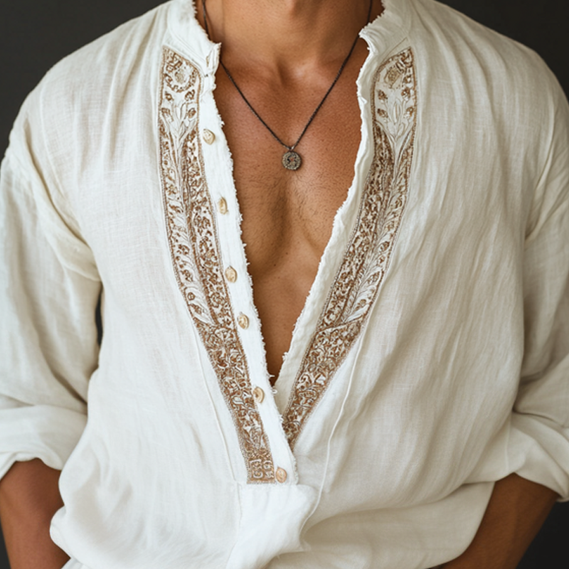 Men's Ethnic Style Embroidered V Neck Long Sleeve Cotton And Linen Shirt