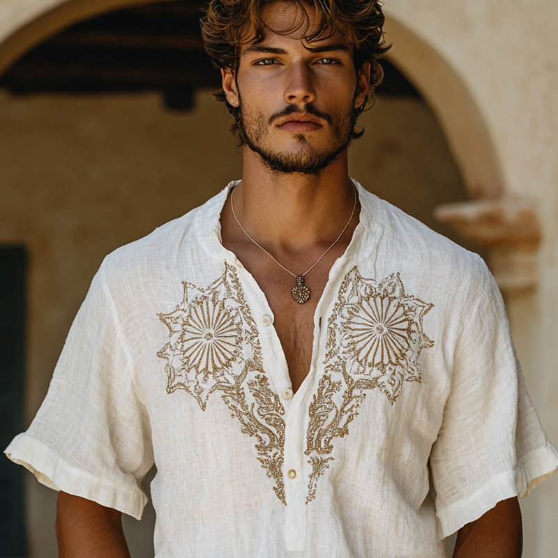 Men's Ethnic Style Embroidered Henley Collar Short Sleeve Cotton And Linen Shirt