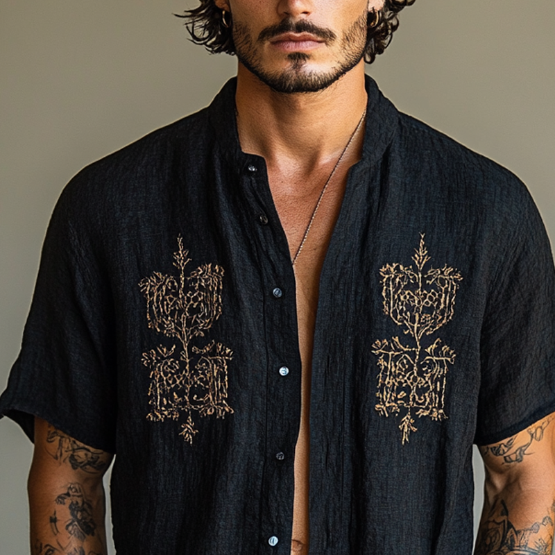 Men's Ethnic Style Embroidered Round Neck Short Sleeve Cotton And Linen Shirt
