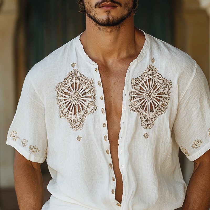 Men's Ethnic Style Hollow Stitching Short Sleeve Single Breasted Shirt