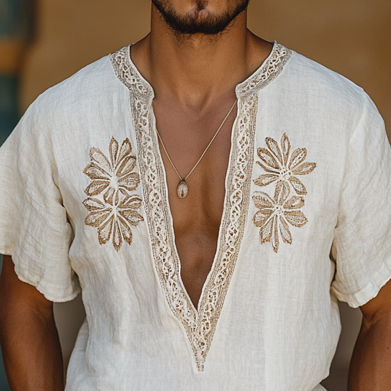 Men's Ethnic Style Embroidered V Neck Short Sleeve Cotton And Linen Shirt