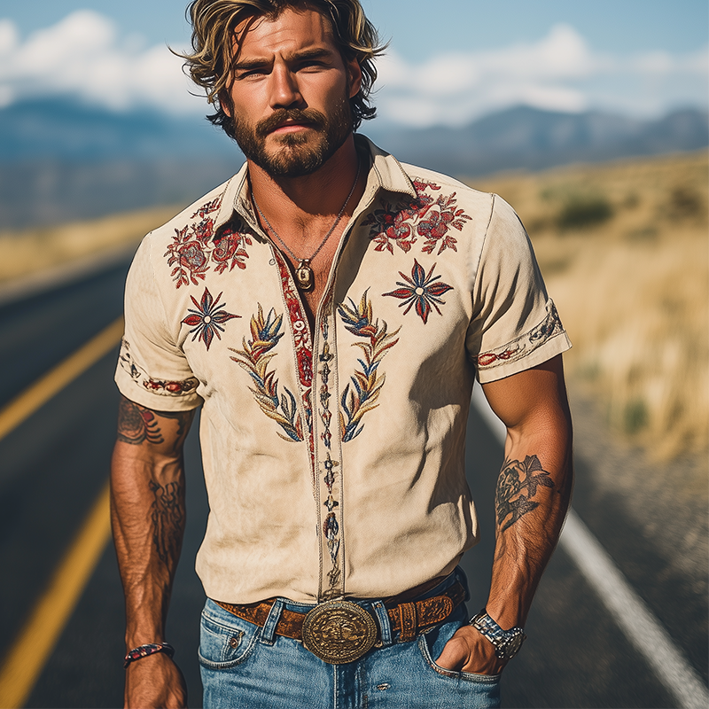 Men's Spring/Summer Fashion Retro Western Style Suede Embroidered Short Sleeve Shirt