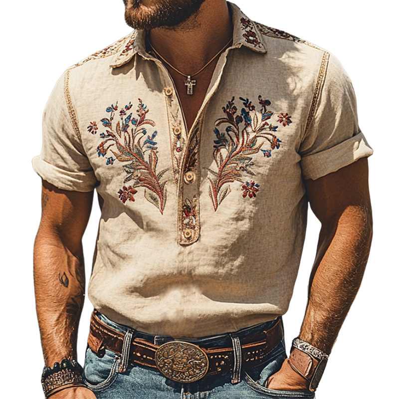 Chemise à manches courtes brodée en ramie style occidental pour homme, mode printemps/été