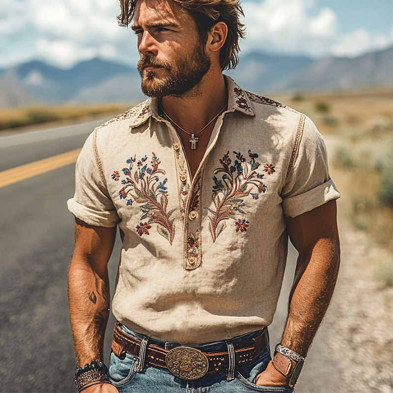 Men's Spring/Summer Fashion Western Style Ramie Embroidery Short Sleeve Shirt