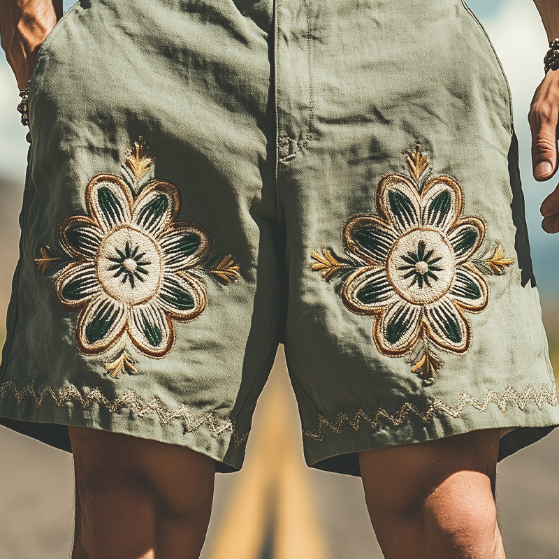 Men's Summer Fashion Casual Western Style Ramie Embroidery Shorts