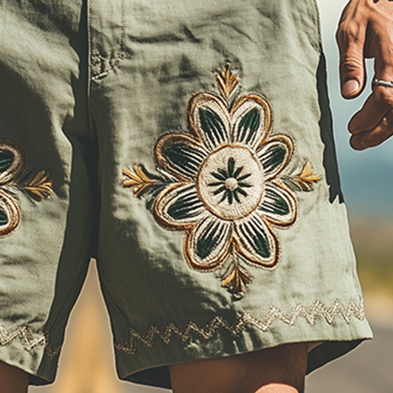 Men's Summer Fashion Casual Western Style Ramie Embroidery Shorts