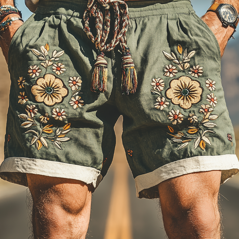 Men's Summer Fashion Casual Western Style Ramie Splicing Embroidery Shorts