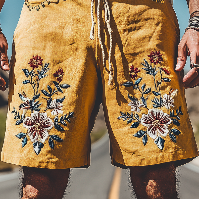 Men's Summer Fashion Casual Retro Western Style Ramie Embroidery Shorts (Without Belt)